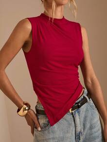 SHEIN BAE Women's Solid Color Sleeveless Cropped Casual Tank Top With Asymmetrical Hem,Multipack - Burgundy - View 7