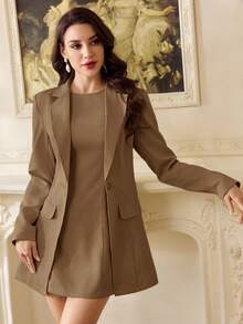 Vintamour 女士两件套西装、翻领西装外套和无袖连衣裙、休闲装、夏季、度假装、商务休闲装、婚礼宾客装 - 棕色 - 查看 4