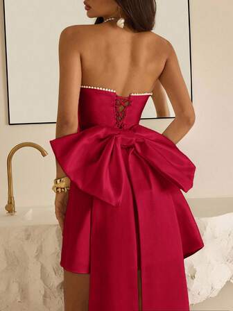 Vowa Elegant Luxurious Oversized Bow Beaded Collar Strapless, Suitable For Weddings, Events, Parties, Vacations, Galas