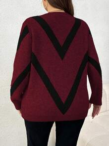 EMERY ROSE 大码女式休闲时尚修身圆领长袖提花针织套头衫，秋冬 - 酒紅色 - 查看 2