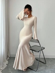 Elenzga 女式优雅弹力修身鱼尾下摆荷叶边袖连衣裙，秋冬 - 卡其色 - 查看 3