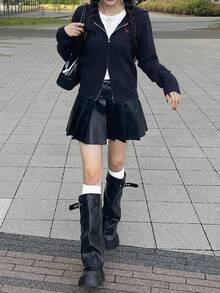 FRIFUL Cárdigan casual de ajuste ceñido con capucha, azul marino, con patrón de bordado en contraste, adecuado para el otoño - Azul Marino - Ver 2