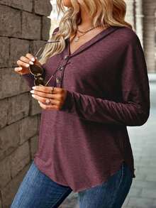 EMERY ROSE Women's Solid Color Casual V-Neck Button Long Sleeve Plus Size T-Shirts