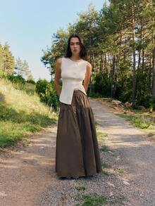 Nöista 棕色纽扣前开长裙，分层设计，高腰，适合秋季、休闲、波西米亚风、返校季 - 鏽棕色 - 查看 8