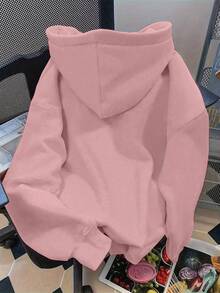 Flirla 大码女式标语字母“NYC ALL GIRLS TEAM SPORTS CLUB”城市名称图案印花保暖抽绳卫衣 - 藕粉色 - 查看 2