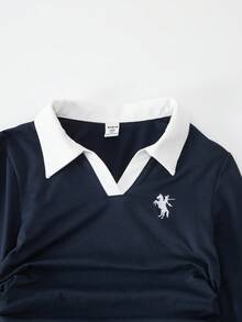Tween Girls' Colorblock Collar Long Sleeve Casual Knight Print T-Shirt Fall Winter - Navy Blue - View 3