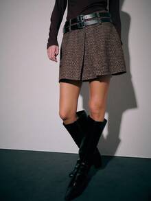 Nöista Chic Brown Tweed A-Line Skirt,Autumn Winter Retro-Modern Style With Wide Double-Layered Black Belt & Metal Buckles,Perfect For Date & Smart Looks - Multicolor - View 3