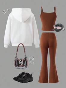 3pcs/Set Teenage Girls Casual Fashion Outfit: Khaki Camisole Top, Flare Pants, Long Sleeve Hooded Letter Print Jacket, Autumn/Winter Fall - Brown - View 2