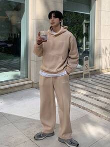 DAZY 男士字母印花保暖内衬连帽衫套装，棕色，秋冬 - 棕色 - 查看 6