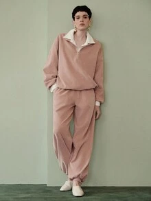 Uhlyne Uhlyne Women's Casual Minimalist Distressed Collar Zip-Up Ribbed Sweatshirt, Autumn/Winter - Dusty Pink - View 6