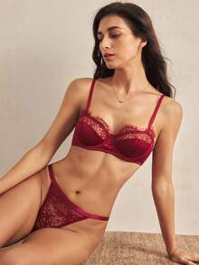 Charlaine 1/2 Cup Lace Patchwork Romantic French Style Underwire Bra For Women - Burgundy - View 3
