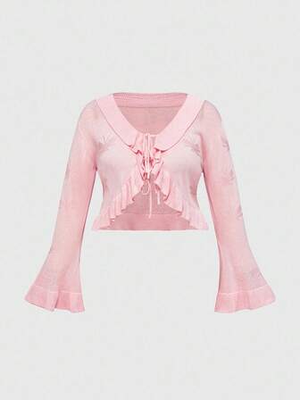 Kawaii Cardigan court en tricot à manches évasées, ourlet volant et motif papillon, taille grande