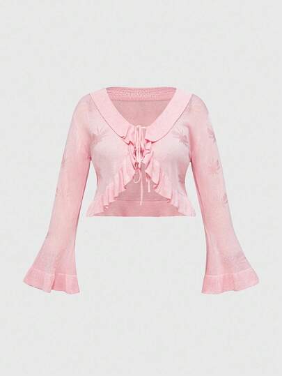 Kawaii Cárdigan de punto corto con mangas acampanadas, volantes en el bajo y estampado de mariposas para tallas grandes