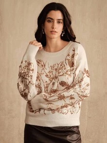 Anewsta Pulover supradimensionat, tricotat moale, cu broderie florală și mărgele, guler rotund, croială lejeră, potrivit pentru toamnă, iarnă, primăvară, Anul Nou, petrecere, nuntă, elegant, șic, stilat, casual, confortabil - cafea maro - Vizualizare 8