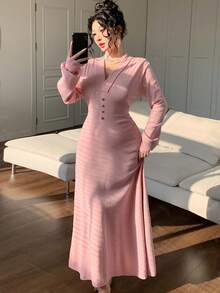 DAZY Robe pull élégante à encolure en V et taille cintrée pour femmes - Rose bonbon - Voir 8