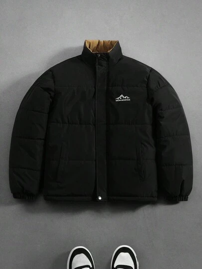 Manfinity EMRG 男士字母和山脉印花立领休闲冬季羽绒服街头风长袖外套，秋季款