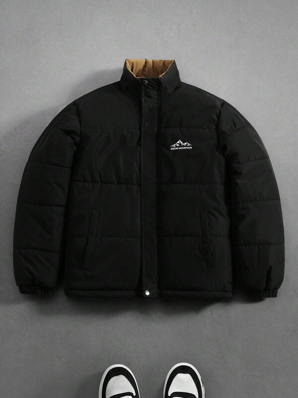 Manfinity EMRG Men's Letter & Mountain Print Stand Collar Casual Winter Puffer Outerwear Puffer Streetwear Coat, Fall