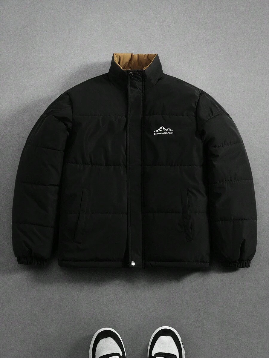 Manfinity EMRG 男士字母和山脉印花立领休闲冬季羽绒服街头风长袖外套，秋季款 - 黑色 - 查看 1