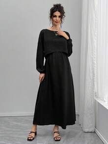 SHEIN 2 件孕妇套装：宽松船领长袖上衣和 A 字腰抽绳裙 - 黑色 - 查看 4