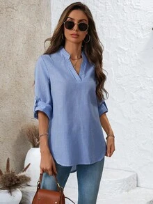 EMERY ROSE 女式休闲/工作条纹卷袖缺口领衬衫 - 寶藍色 - 查看 3