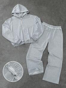 Manfinity Roghcode Conjunto de sudadera con capucha para hombre, sudadera y pantalón de chándal a juego, diseño deshilachado, conjunto gris jaspeado, sudadera corta, cintura elástica, atuendo casual para ir al trabajo o a la escuela, excelente regalo para amigos en otoño/invierno - Gris - Ver 3