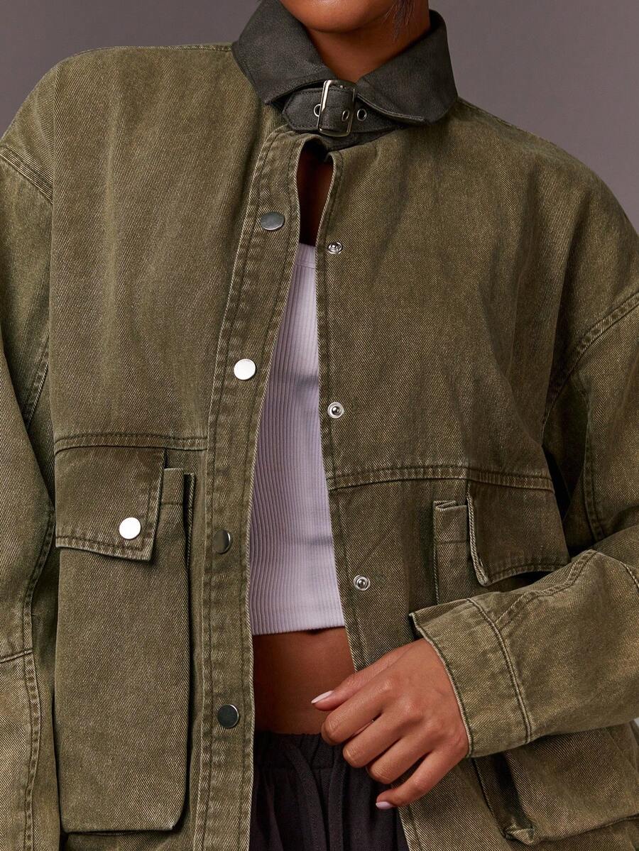 Athîral Chaqueta de mezclilla vintage desgastada y desgastada para mujer - Verde militar - Ver 1