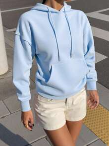 SHEIN 标语图案落肩抽绳保暖连帽套头衫（秋季款） - 淺藍色 - 查看 5