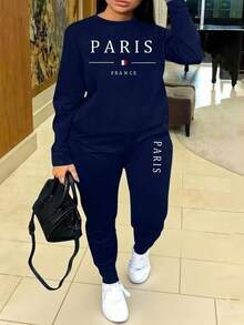 Flirla Bộ trang phục 2 món cỡ lớn, phong cách đường phố, áo nỉ dài tay in họa tiết và quần nỉ - Màu xanh hải quân - Xem 3