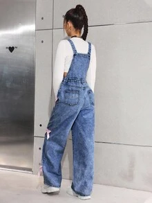 SHEIN 少女牛仔背带裤和连体裤，阔腿工装裤，粉色蝴蝶结牛仔裤，少女工装裤，女式牛仔工装裤，蝴蝶结工装裤 - 深色水洗藍 - 查看 2