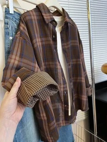 INAWLY Áo sơ mi kẻ caro rộng rãi, thoải mái cho nữ, tôn dáng - Cà phê nâu - Xem 5