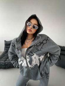 POPSWAY 休闲运动风印花连帽衫和运动裤套装，加大码针织套装，适合秋冬 - 深灰色 - 查看 7