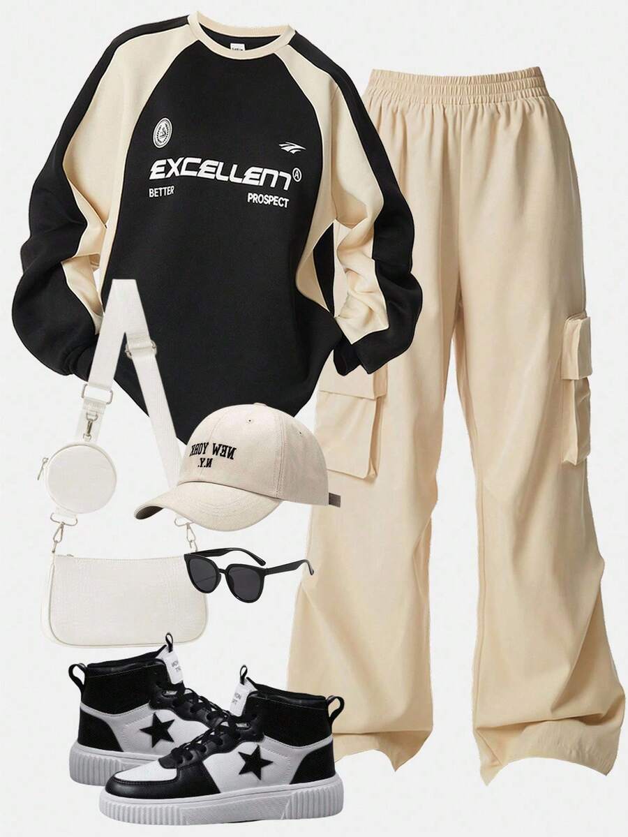 Girlism Tween Girl Color Block Pullover Top And Cargo Pants Set, Boys Back-To-School Jogger Sweatpants Sets, Tween Girl Cow Boy Beige Autumn School Fall Winter Set - Multicolor - View 1