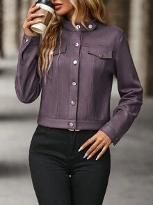 EMERY ROSE Áo khoác lửng màu trơn thường ngày, mùa thu - Màu tím hoa cà - Xem 4