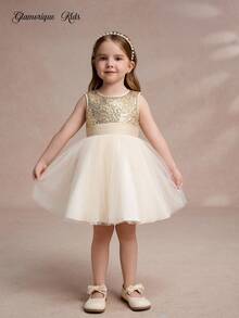 Glamorique Kids 女孩金色亮片薄纱蓬松连衣裙，缎面蝴蝶装饰无袖，适合万圣节、圣诞节、生日、婚礼嘉宾、派对 - 香檳色 - 查看 6