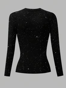 INAWLY 闪亮亮片加大码长袖圆领T恤 - 黑色 - 查看 2