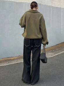 FRIFUL 女式半高领半拉链超大纹理休闲运动衫 - 綠色 - 查看 3