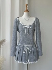 Comfortcana Set de top con capucha con decoración de lazo y falda plisada para mujer, 2 piezas - Gris - Ver 5