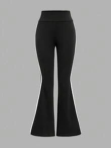 SHEIN Girlism Tween 女童高腰紧身弹力休闲瑜伽裤，带口袋，百搭喇叭裤，适合日常穿着 - 黑色 - 查看 5
