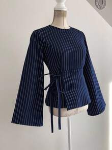 Siren Gaze Damen elegantes Pendler-Slim-Fit-Hemd mit seitlicher Bindung, Langarm-Lässig-Shirt, Rundhals-Langarm-Gestreiftes Oberteil, Pendler-Bürokleidung, elegante Damenblusen, Herbstkleidung für Damen, marineblau gestreiftes Hemd, neue Slim-Fit-Langarm-Bluse für den Ausgang, für den täglichen Gebrauch