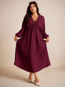Elaquor Vestido de manga farol de unicolor para talla grande, casual y de uso diario - Burdeos - Ver 7