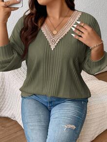 SHEIN Frenchy Áo thun cổ ren phối màu cỡ lớn, thường ngày, mùa thu - xanh quân đội - Xem 3