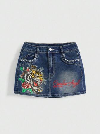 Grunge Punk Minifalda de mezclilla de cintura baja con estampado de tatuaje falso de vid de tigre retro Y2K para mujeres