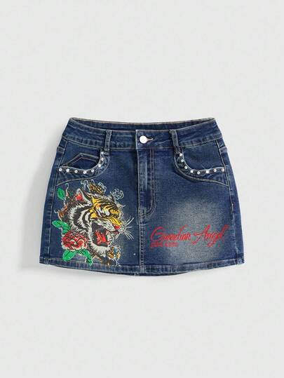 ROMWE Grunge Punk Y2K Retro Tiger Vine Faux Tattoo Print Low Waist Mini Denim Skirt For Women