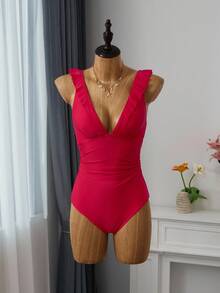 Bellisia 女士纯色细肩带连体泳衣，夏季时尚 - 紅色 - 查看 6