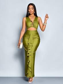 SOLERSUN Vestido ajustado de mujer con cuello en V de unicolor, decorado con metal, cintura fruncida con volantes y abertura - Verde - Ver 3