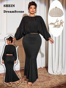 DreamSkyne Plus Size Women Plus Size Puff Sleeve 2 Pieces Set - Black - View 1