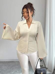 Elenzga 大码女式休闲通勤纯色 V 领单排扣喇叭袖修身衬衫，春秋季 - 杏色 - 查看 3