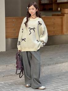 Hapijoa 青少年/女孩宽松休闲针织毛衣，带蝴蝶结，秋季甜美风格 - 杏色 - 查看 3