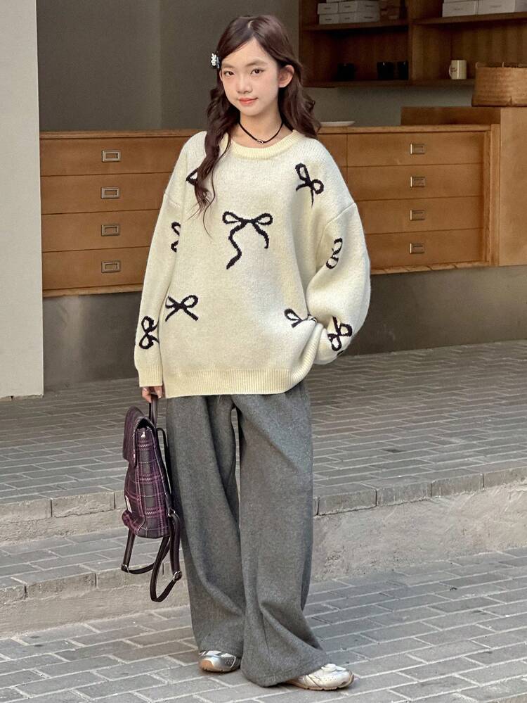 Hapijoa Chandail tricoté ample et décontracté avec nœud, style doux pour l'automne, pour adolescentes/jeunes filles - Nude - Voir 3