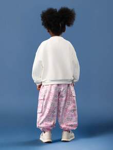 SUMWON Girls Graffiti Print Sweatshirt And Cargo Pants Set Winter Cozy Fleece Casual Two Piece Outfit Streetwear Style Fashion Coordinate Set - Baby Pink - View 2